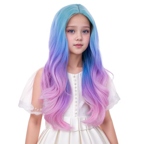 Image of Rainbow Wig for Kids Girls Long Colorful Wavy Curly Wig Children Multi Color Middle Part Wigs Heat Resistant Synthetic Wigs with Cap