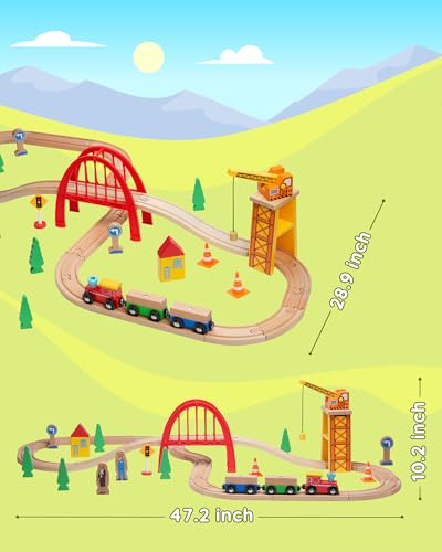 SainSmart Jr. 41 Pcs Deluxe Wooden Train Set for Toddler, Wood Train Track w/Crane Fits Brio Thomas, Melissa and Doug for Kids Ages 3+ - Thumbnail 6