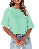 Tankaneo Women Half Sleeve Cropped T-Shirts Drop Shoulder Round Neck Crop Tops Casual Summer Solid Color Basic Tees