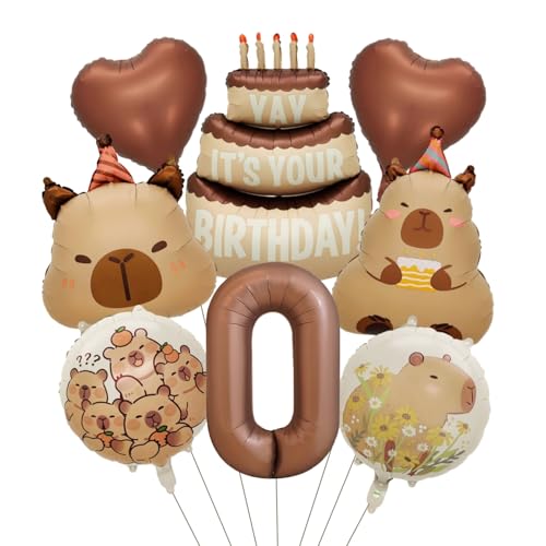 Image of Capybara Birthday Foil Balloon Set, 8-Piece Party Decor (0) | Reusable foil balloon set with capybara, cake,number . Perfect for birthday, baby shower, gender reveal & themed parties