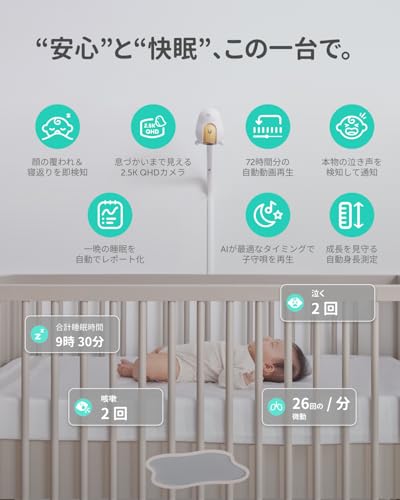 CuboAi 赤ちゃんねんね見守りセット（アラートと微動検知）【2025新モデル】【BabyTech Awards 2025-26 殿堂入り】：2.5K QHD ナイトビジョン WiFi ベビーモニターカメラ、双方向音声通信、温度・湿度センサー、子守唄、スマホ対応 アプリ制御 ベビーセンサーパッド