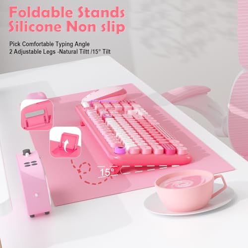 Image of Wireless Keyboard and Mouse,MOFII 104 Round Keys Lovely Full-Size Cute Colorful Keyboard and Mouse with Retro Typewriter for PC /Mac /Laptop /Tablet /Computer /Windows Pink