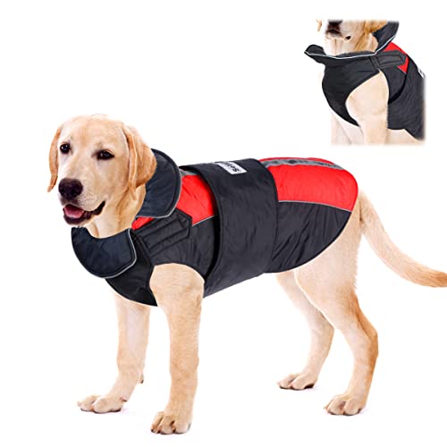 SelfLove Warmer Wasserdichter Hundemantel für Mittelgroße Große Hunde,Hundejacke Baumwolle Gefüttert Wasserdicht Winddicht für den Winter,Reflektierende Verstellbarem Brustriemen (XXL, Schwarz Rot) Cover