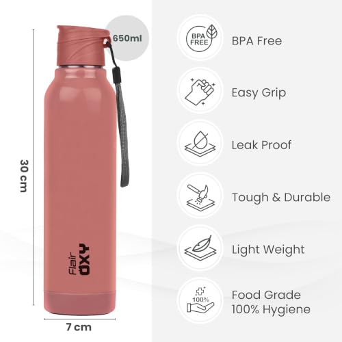 Image of FLAIR Oxy 900 Stainless Steel Water Bottle Set of 3 (650 ml Each), Pink, Hot & Cold, Leakproof, BPA-Free, ISI Certified, Stainless Steel Bottle for Office, Gym, Travel, Trekking & Outdoor Sports