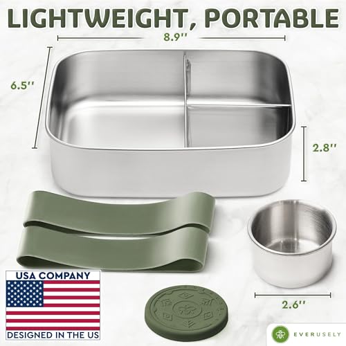 Everusely - Bento Box - Sage, 60oz / 1.8 L - Extra Large Stainless Steel Lunch Box + Leakproof Condiment Container - 3 Compartment Snack Organizer for On the Go Meals - Freezer & Dishwasher Safe by Everusely - Used condition - Image 2