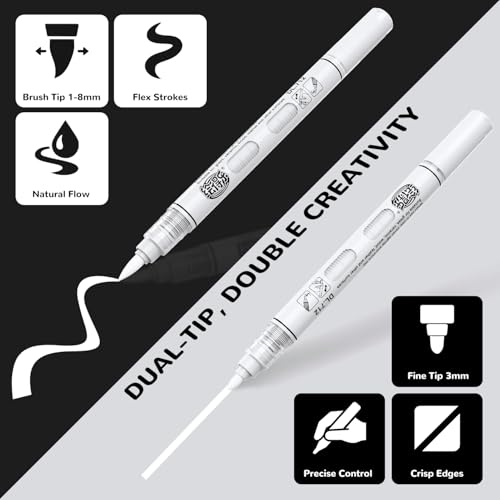 Image of Guangna Dual Tip White Acrylic Paint Markers, Brush & Fine Tip, Direct Liquid Ink System White Permanent Pens for Fabric, Plastic, Rock Painting, Wood, Glass, Ceramic, Canvas, Stone, DIY Crafts