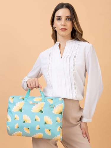Image of Caprese Barbara Laptop Bag Large (E) Soft Blue|Stylish Laptop Handbag for Women, 16-Inch Laptop Compatible Spacious Office Bag with Smart Sleeve, Adjustable & Detachable Strap