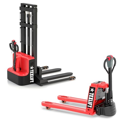 Image of Full Electric Forklift Walkie Pallet Stacker 3300 Lb Capacity 118 Inch Lifting Height and Full Electric Power Pallet Jack 4400 Lb Capacity 48 inch L x 27 inch W Fork Size