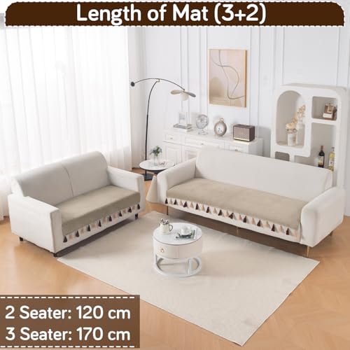 Image of HOKIPO Premium Holland Velvet Sofa Cover Mat with Tassel 5 Seater(3+2) | 'TasselTone Series' | Sand Beige (IN-1108+1106-BGE)