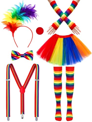 BOARDFEB 7 Pcs Clown Costume Set for Women Circus Outfit Feathers Headband Rainbow Tutu Skirt Gloves Socks Y Back Adjustable Suspender Bowtie Nose for Women Halloween Carnival Cosplay