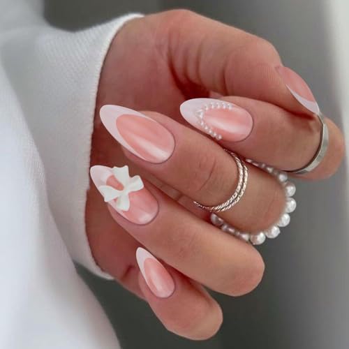 VOTACOS White French Tip Press on Nails Almond Shape Medium Acrylic Fake Nails Press Ons with Glue Nude Glue on nail with 3D Bow Pearls Design 24PCS Cute Stick on False Nail for Women — view 2