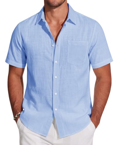 Image of J.VER Mens Linen Shirt Short Sleeve Button Down Casual Summer Shirts | Cotton Linen, Untucked, Big Tall, from Beach Camp Vacation, Cruise Fishing, Work Office, to Wedding Party Family, with Pocket
