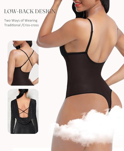 FeelinGirl Women's Tummy Control Shapewear Bodysuit Deep U Neck Thong Body shaper Seamless Slimming Shapewear2