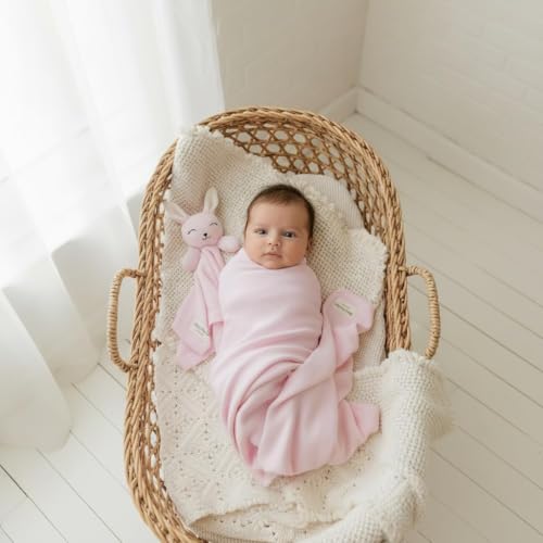 Image of Baby Gift Set - Organic Cotton Newborn Blanket and Lovey Security Blanket Set, Gifts for Baby Girl, Mother to be Gifts, (Lovey - Bunny - Pink)