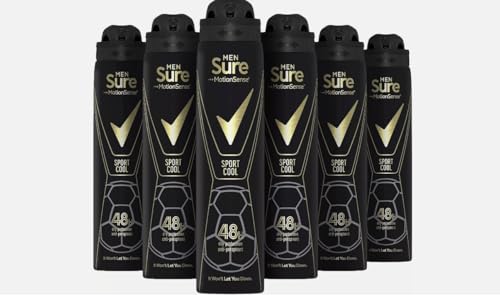 Sure Sport Cool 48h protection against sweat and odour Anti-perspirant Aerosol MotionSense technology deodorant for Men 250 ml pack of 6