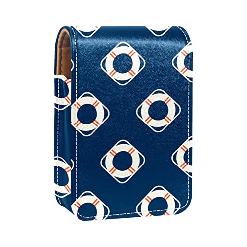 Nautical Travel Lifebuoy Blue Portable Lipstick Case for Traveling,Mini Lipstick Storage Box with Mirror for Women Ladies, Leather Cosmetic Pouch
