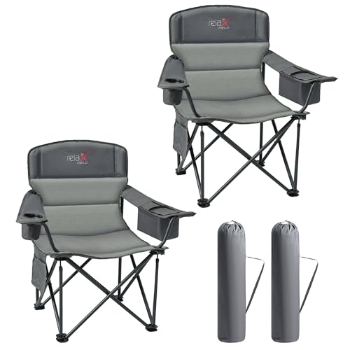 RELAX FIELD Campingstuhl Faltbar 200KG 2er Set mit Getränkehalter und Kühltasche, Klappstuhl Camping, Anglerstuhl Klappbar mit Hohe Rückenlehne, Grau