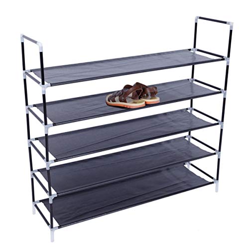 Soso-Bantian1989 Black 5-Tiers Metal Tube Shoe Rack, 25 Pairs Non-Woven Fabric Shoe Storage Organizer Cabinet Tower Shelf #TOP5