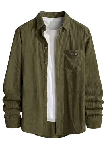 Image of IndoPrimo Men's Corduroy Shirt | Premium Ribbed Full Sleeve Casual Overshirt | Button-Down Solid Shirt with Chest Pocket | Regular Fit