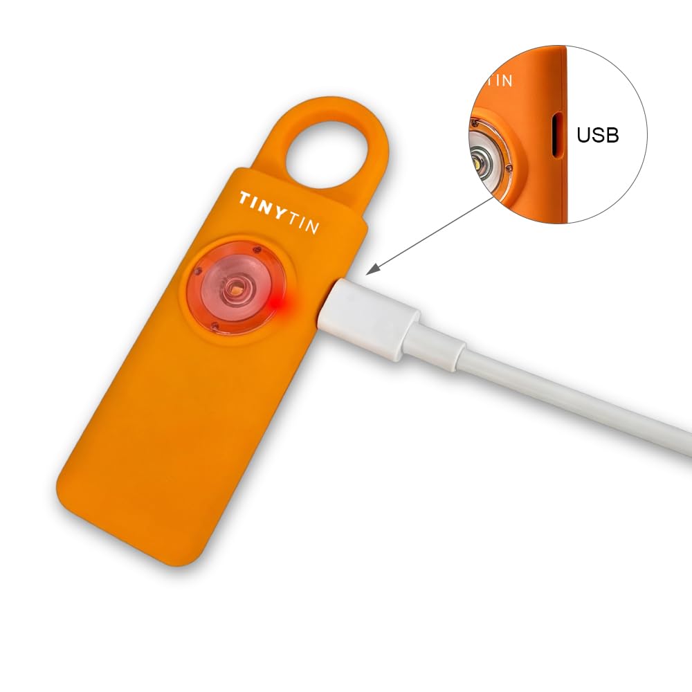 Alarme de Sécurité Personnelle 130dB Rechargeable Porte-clés - TinyTin Alarme de Panique pour Femmes avec Lumière Stroboscopique LED - Alarme d'Autodéfense pour Randonnée, Course et Voyage (Orange