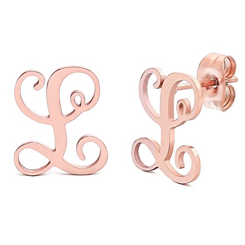 Lazycat A-Z 26 Letter Earrings Stainless Steel 18K Rose Gold,Monogram Initial Stud for Women