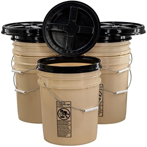 Poly Farm Bucket Kit, Five 90 mil Tan 5 Gallon Buckets with Black Gamma Seal Lids Cover