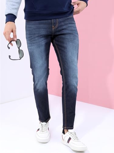 Image of Highlander Mens Tapered Fit Denim Jeans for Man |Jeans Pant Cropped Length|Mid-Rise|Stylish Casual Wear with Stretchable Fabric
