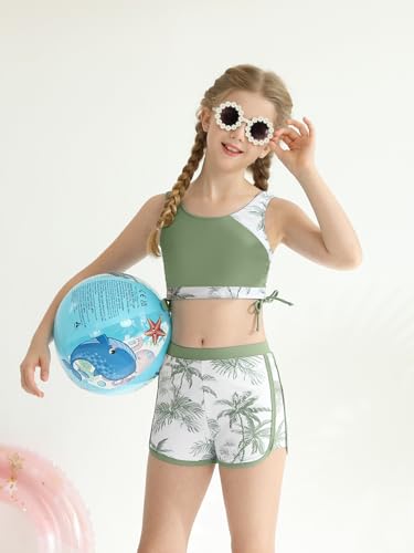 Image of Girl's 3 Piece Bikini Bathing Suit Printed Sport Swimsuits with Shorts Cove Up Sets Teen Girl's Swimwear