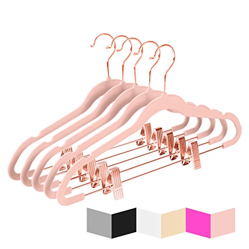MIZGI Premium Velvet Pants Hangers with Clips (Pack of 20) Slim Skirt Hangers- Non Slip Felt Outfit Dress Hangers Blush Pink - Copper/Rose Gold Hooks,Space Saving Shirt Clothes Hangers