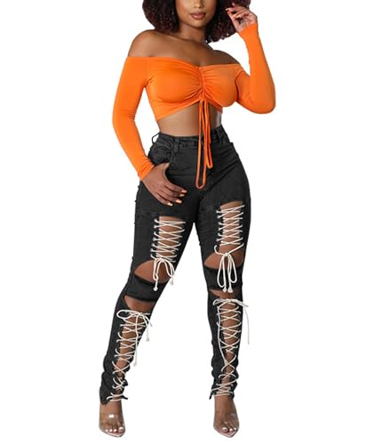 xxxiticat Women's Lace Up Denim Pants High Waist Cutout Bandage Criss Cross Bow Tie Destroyed Hollow Out Jean Trousers3