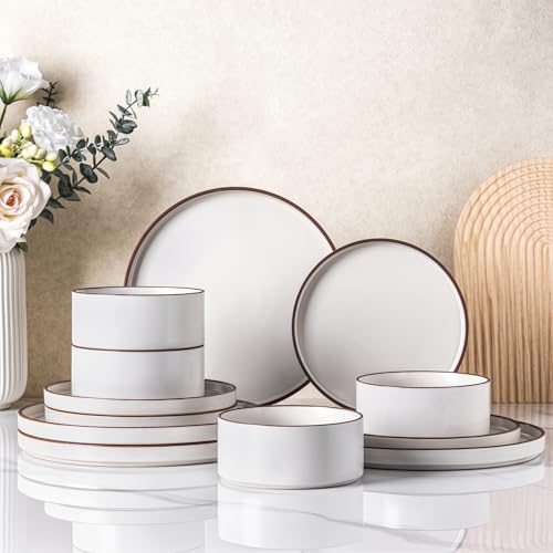 LeRatio Dinner Set for 4, 12 Piece Stoneware Plates and Bowls Set, Chip and Scratch Resistant Dinnerware Set, Oven & Dishwasher & Microwave Safe Crockery Set (Pearl White-Brown Rim, Service for 4)