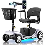 Mobility Scooter for Adults, Senior, Skmc 4 Wheels Electric Powered Chargeable Device for Travel, Lightweight and Portable, with LED Headlights and Basket, Charger Included, Red/Blue (Silver/Black)
