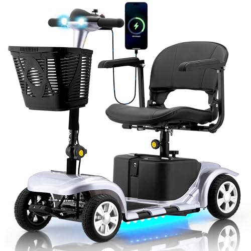 Mobility Scooter for Adults, Senior, 4 Wheels Electric Powered Chargeable Device for Travel, Lightweight and Portable, with LED Headlights and Basket, Charger Included, Red/Blue (Silver/Black)