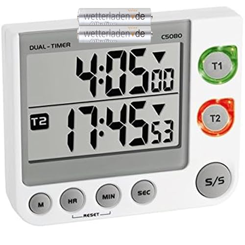 TFA Dostmann Elektronischer 2-Fach Timer, 38.2025, mit Memory-Funktion, 3 Lautstärke Stufen, LED-Warnlicht (Weiß mit Batterien)