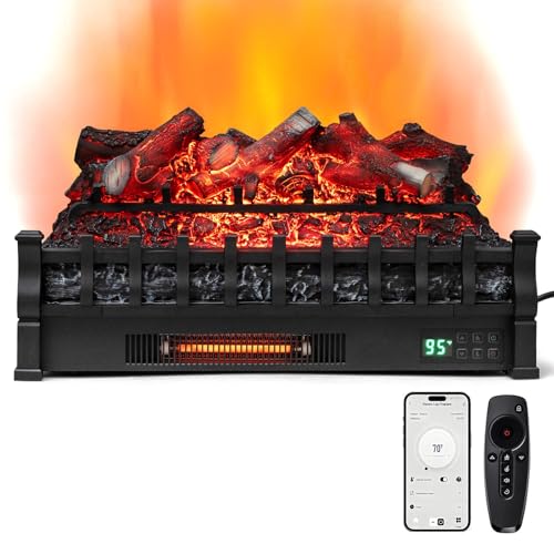 COSTWAY 26-inch Smart WiFi Electric Fireplace Log 1500W, Realistic Pinewood Ember Bed, APP/Remote Control, Adjustable Flame Colors, Thermostat, Infrared Quartz Fireplace for Home Decor, Black