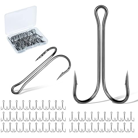 Piscorush 50pcs Fishing Double Hooks Set Classic High Carbon Steel Dual Frog Hooks Barb Fishing Bait Hooks Saltwater Freshwater 12#-5/0 (Size 4/0, Pack of 50) Cover