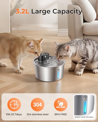 3.2L Cat Water Fountain, Wireless Stainless Steel Cat Water Fountain for Drinking, Automatic Sensor Pet Water Dispenser, Battery Operated Fountain - Image 3