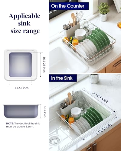 Kitsure Dish Drying Rack for Kitchen Counter, Stainless Steel Sink Organization and Storage Essentials with Cutlery Holder, Home and Appartment Decor, 12''W x 15.5''L, Silver