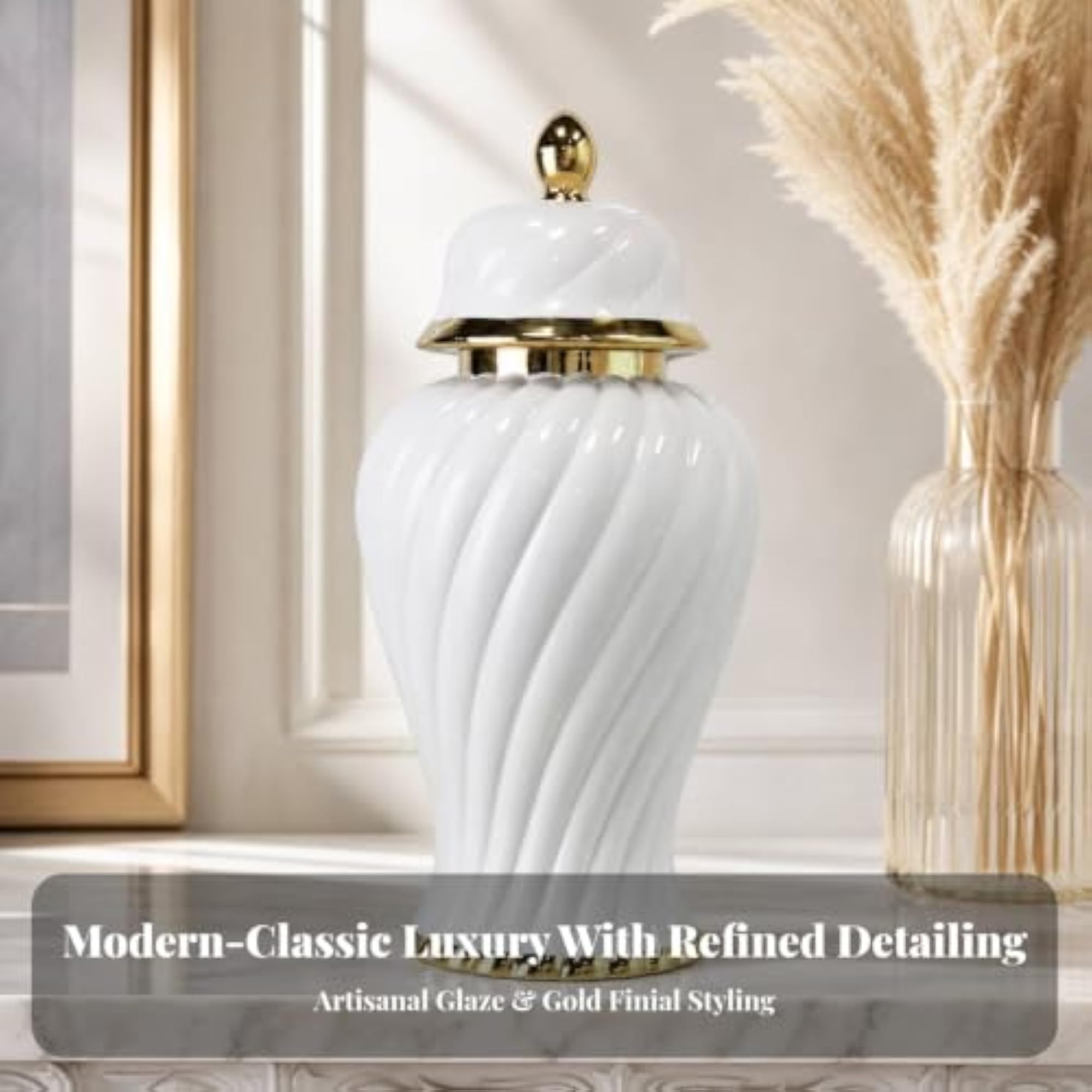 Transitional Ginger Jar with Lid, Classic Lidded Spiral-Ribbed Design