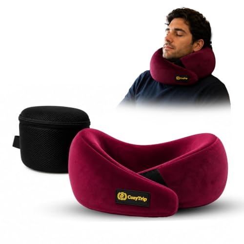 Image of Neck Pillow, Travel Neck Pillow with 100% Hi-Per Foam Memory Foam, Lightweight Neck Support Pillow for Flight Travel, Adjustable Velcro Straps, Free Travel Pouch, Bed, Car Neck Pillow (Wine)