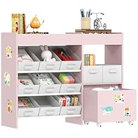 AIYAPLAY Kids Toy Storage Unit, Children Toy Box Organiser with 11 Fabric Bins, Cabinet, Top Shelves, 3 Stickers, Kids Storage Unit Bookshelf for Nursery, Playroom, Kindergarten