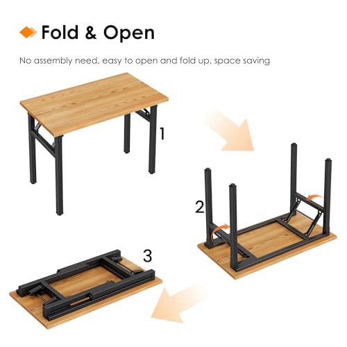 Image of Need 35.8 Inch Folding Desk for Small Spaces, Home Office Computer Desk with Teak Wood Top & Black Frame, Foldable Writing Table for Study, Bedroom, Dorm Room & Student