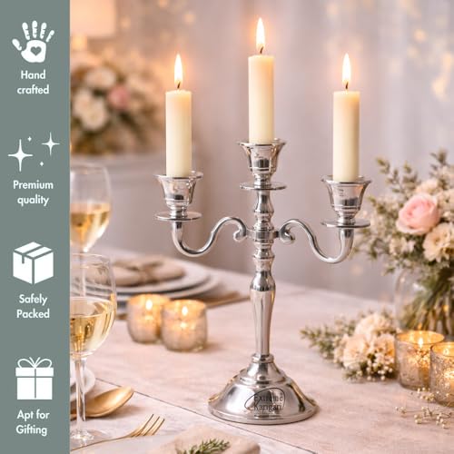 Image of Aluminum Metal 3-Arm 8inch German Silver Candelabra for Dining Table | Vintage Candle Stand for Romantic Dinner, Home & Wedding Decor