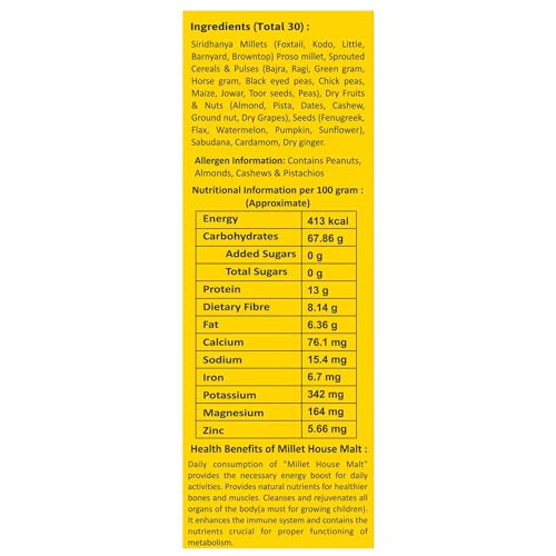 Millet House Sprouted Siri dhanya Millets Malt | 30 Natural Ingredients | 100% Healthy Chemical Free Natural Certified Millet Drink | Traditional Millets Organic Mix (1kg) (500g x 2packs)