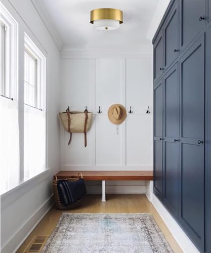Image of YUBOLE Mid-Century 2-Light Gold Ceiling Light Flush Mount with Linen Shade
