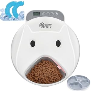 Ownpets Futterautomat Automatischer Katzenfutterautomat für Nass/Trockenfutter, mit Programmierbarem Timer, 4 Mahlzeiten mit 2 Kühlakkus, Kabellos Batteriebetrieben, schützen Pfoten Design