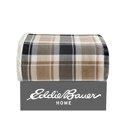 Image of Eddie Bauer - Throw Blanket, Brushed Fleece & Plush Sherpa Bedding, Blanket for Couch & Bed (Rugged Plaid Beige, 50 inch x 60 inch)