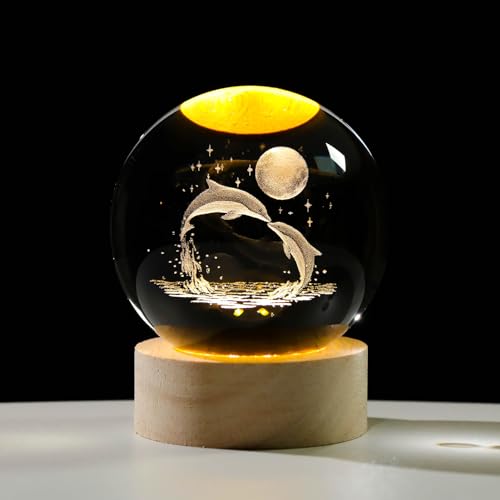 Image of Arikyrist 3D Dolphin Crystal Ball Night Light, Glass Dolphin Lamp with Wooden Base, Laser Engraved Glass Sphere Home Decor