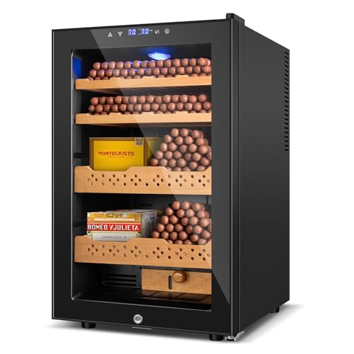 Velieta Electric Humidor, 70L 400 Counts Large Capacity,Thermostatic Cooling Humidor Cabinet with Smart Humidity & Temp Control, Spanish Cedar Wood Shelves, Safety Lock, Father's Day Gift for Men