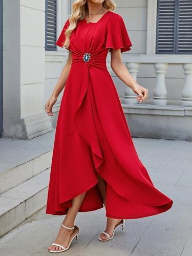 Image of QMZ Wedding Guest Dresses for Women V Neck Cocktail Dress Ruffle Sleeve A Line Evening Party Formal Dresses for Women